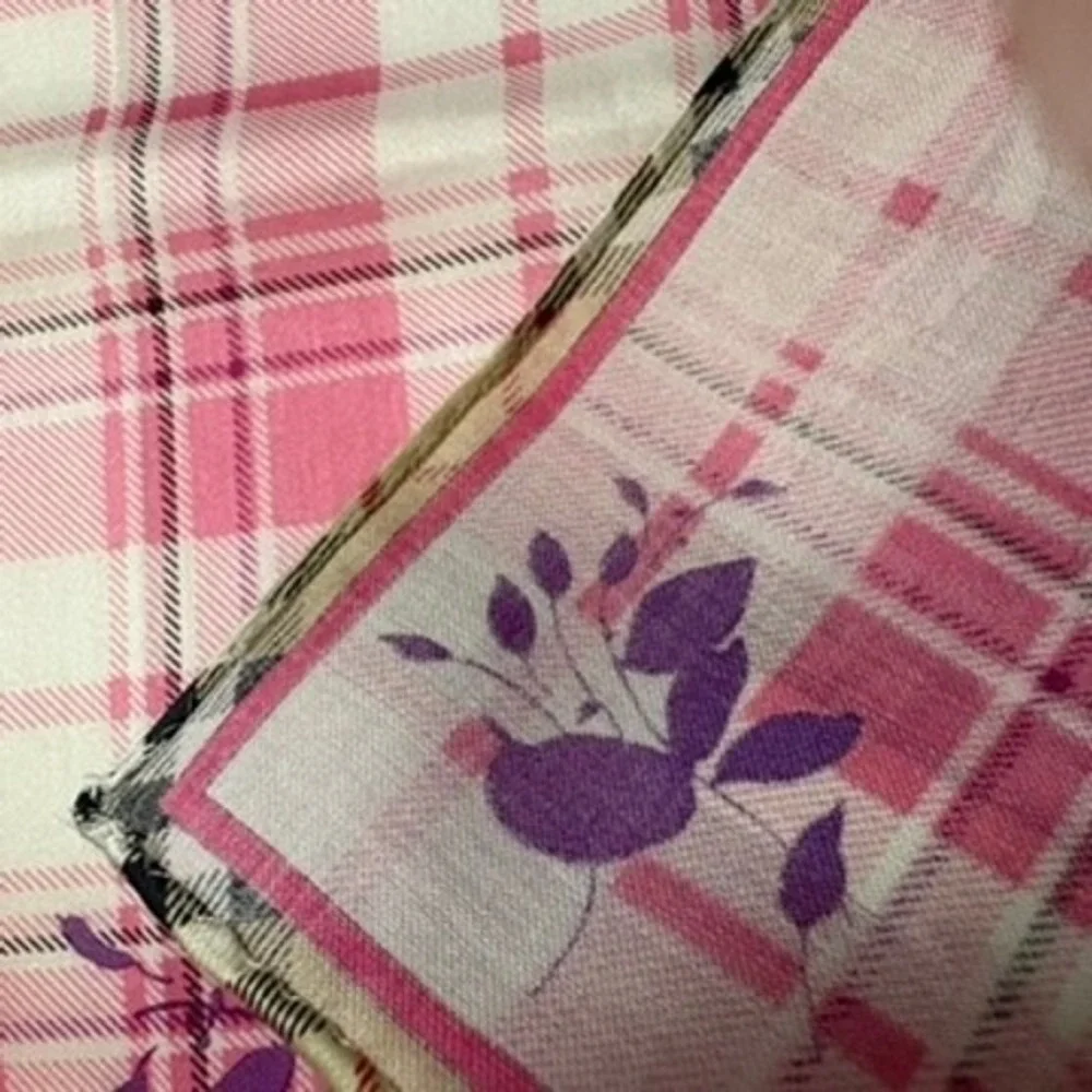 Vtg BURBERRY Scarf Handkerchief Plaid Floral Cotton Pink 19.5